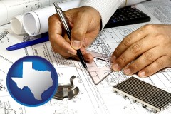 texas map icon and a mechanical engineer working on a blueprint